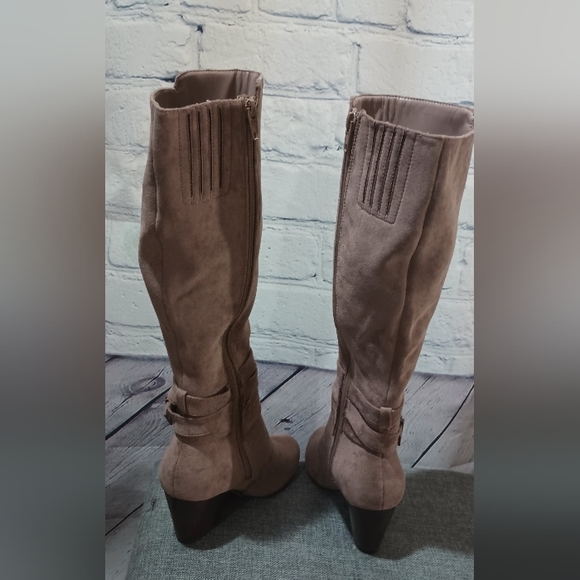 BellaVita Tall Harness Buckle Fashion BlockHeel Boots Taupe Suede - Picture 4 of 14